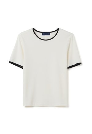 T-shirt bianca a maniche corte con colletto e orli delle maniche neri a costine, realizzata in tessuto morbido, con una vestibilità ampia e un design semplice.