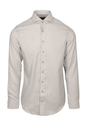 Lichtbeige lange mouw shirt met knoopsluiting aan de voorkant en puntige kraag; heeft subtiele textuur en afgeronde zoom; bevat contrasterende knoopdetails.