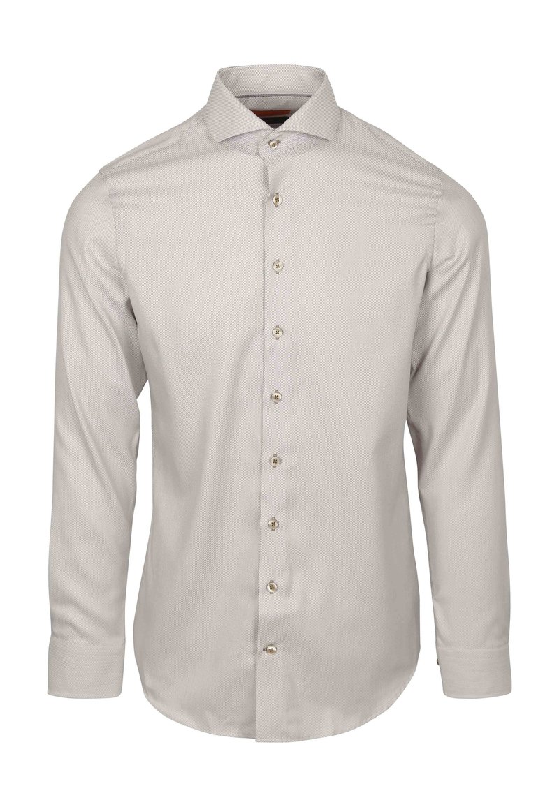 Lichtbeige lange mouw shirt met knoopsluiting aan de voorkant en puntige kraag; heeft subtiele textuur en afgeronde zoom; bevat contrasterende knoopdetails.