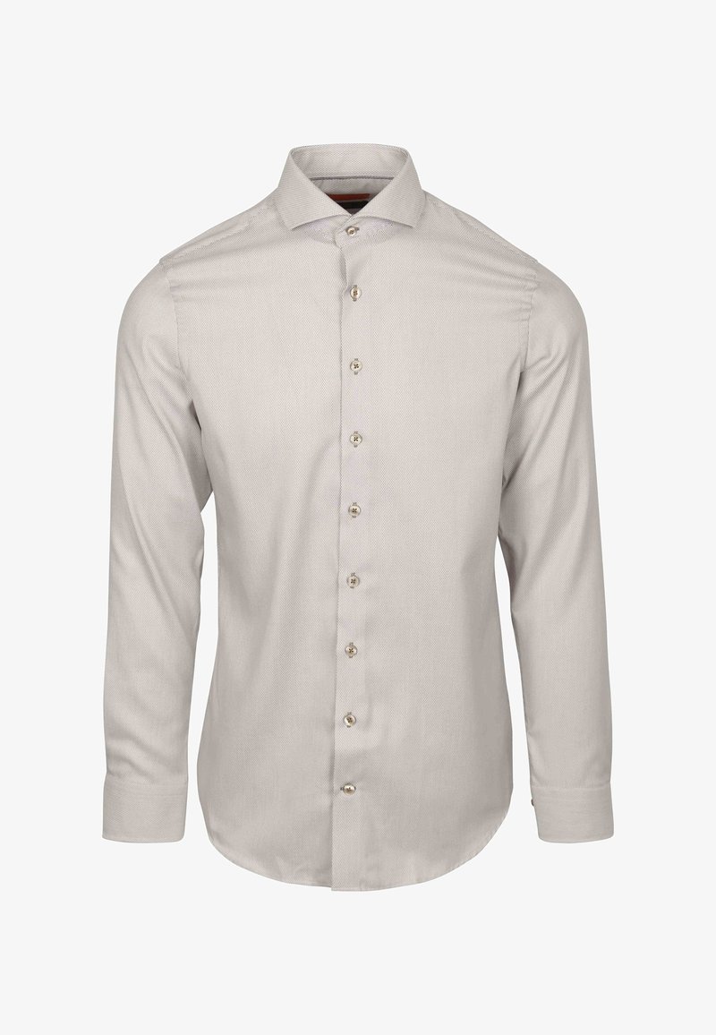 Lichtbeige lange mouw shirt met knoopsluiting aan de voorkant en puntige kraag; heeft subtiele textuur en afgeronde zoom; bevat contrasterende knoopdetails.