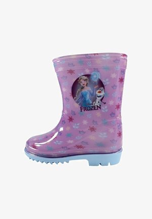Botte de pluie rose pour enfants avec une semelle bleue, décorée de flocons de neige et des personnages d'Hannah et Olaf sur le côté.
