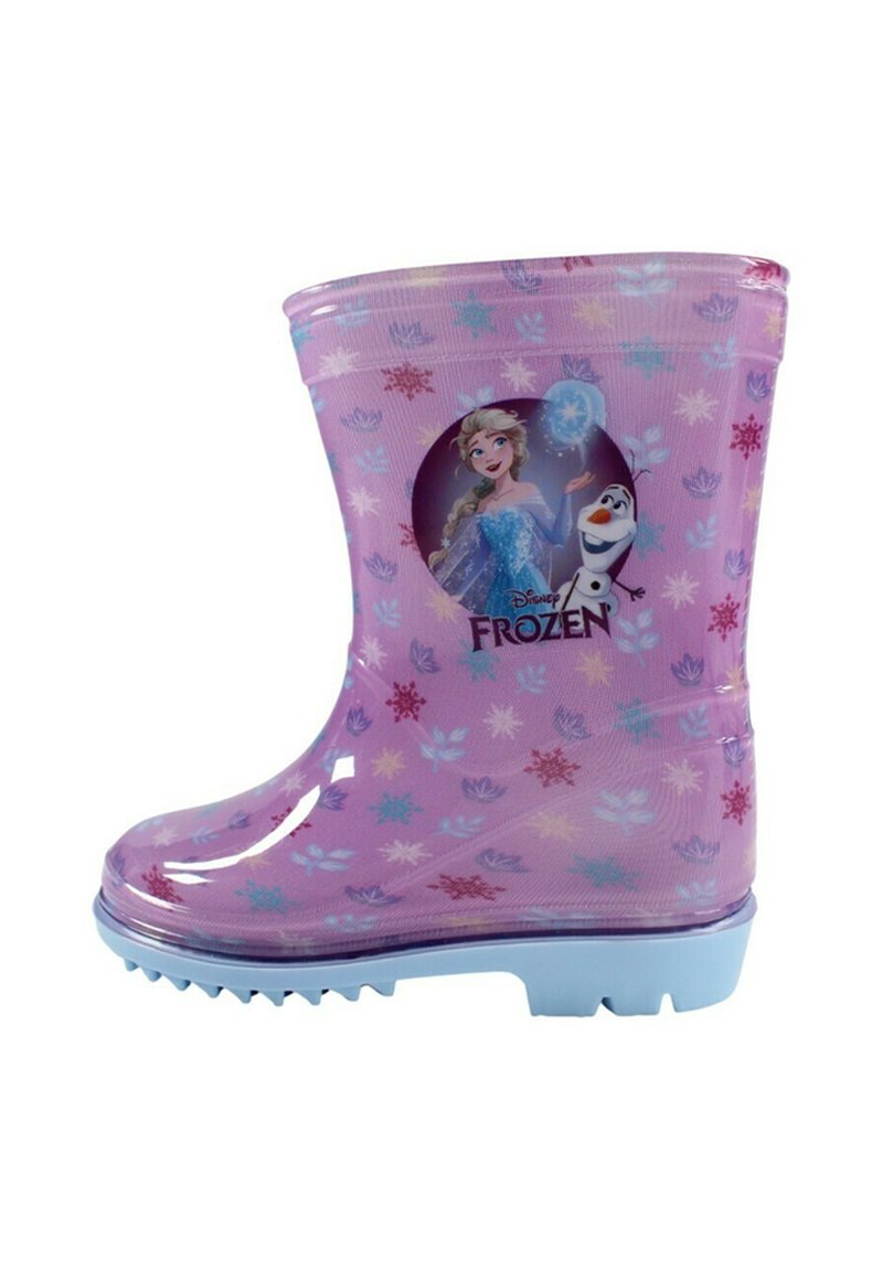 Botte de pluie rose pour enfants avec une semelle bleue, décorée de flocons de neige et des personnages d'Hannah et Olaf sur le côté.