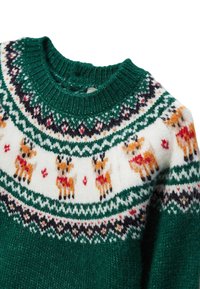 Pull en tricot vert avec un empiècement blanc orné de motifs de rennes, accents rouges et dessins géométriques. Col côtelé et texture douce.