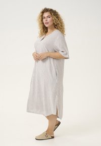 Abito a righe, lunghezza al ginocchio, realizzato in tessuto leggero con maniche corte e scollatura a V; presenta spacchi laterali per facilitare i movimenti. Zoccoli beige completano il look.