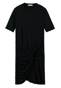 Czarna sukienka t-shirtowa z krótkimi rękawami, z węzłem po boku i drapowanymi detalami, wykonana z gładkiego, elastycznego materiału.