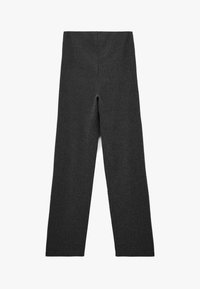 Donkergrijze wijde broek met een gestructureerde stof en een hoge taille, met een vlakke voorkant en zonder zichtbare sluitingen of zakken.
