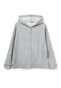 Felpa grigia con zip, dal morbido interno, tasche frontali e cappuccio con lacci. Realizzata in un tessuto misto cotone, con polsini e orlo a coste.