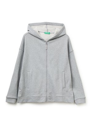 Grauer Reißverschluss-Hoodie mit weichem Innenfutter, Fronttaschen und Kapuze mit Kordelzug. Hergestellt aus Baumwollmischgewebe, mit gerippten Bündchen und Saum.