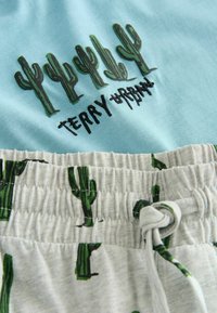 Lyseblå bomuld T-shirt med kaktusgrafik og teksten "TERRY URBAN" ovenover. Grå shorts med kaktusmønster, elastik i taljen og snøre.
