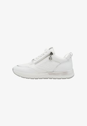 White sneaker featuring textured upper with small bumps, silver zipper accent, and a metallic strip on the sole. Lightweight with a modern design.