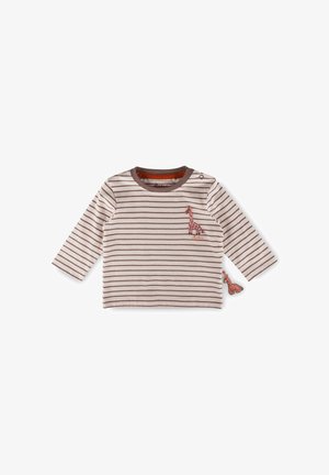 Beiges Langarm-Babyshirt mit braunen Streifen, braunen Abschlüssen und kleinem rosa Giraffen-Design auf der Brust und am Seitenschild.