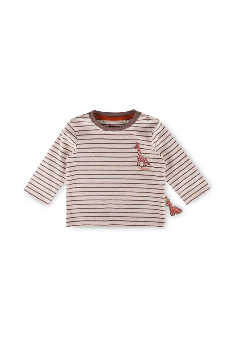 Chemise beige pour bébé à manches longues, avec des rayures marron, une bordure marron et un petit dessin de girafe rose sur la poitrine et l'étiquette latérale.