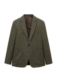 Blazer verde a quadri con chiusura a due bottoni, revers a fazzoletto e tasche laterali. Fodera interna liscia di colore marrone a contrasto.