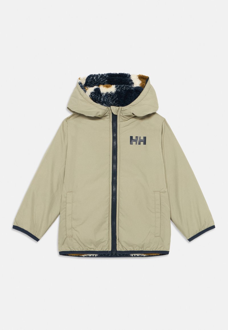 Beige hooded jacket with navy accents, featuring a zipped front, side pockets, and a plush patterned lining in shades of navy and brown.