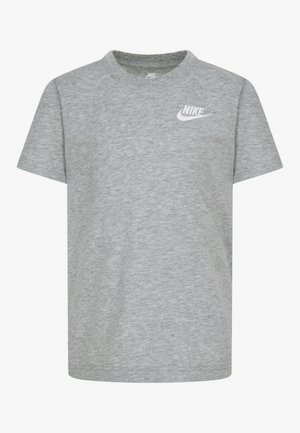 Gray short-sleeve T-shirt made of soft cotton with a crew neck, featuring a white embroidered Nike logo on the upper left front.