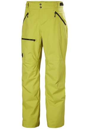 Limonkowe wodoodporne spodnie z regulowanym paskiem, dwiema zapinanymi na zamek kieszeniami z przodu oraz boczną kieszenią cargo. Gładka tekstura z wzmocnieniami na kolanach.