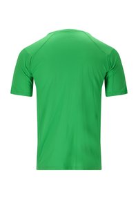 Groene sportshirt met korte mouwen en een gestructureerd oppervlak, voorzien van een ronde hals en raglanmouwen, ontworpen voor prestaties en comfort.
