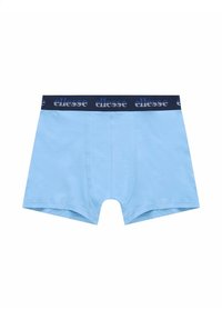Helle blaue Boxershorts aus weicher Baumwolle, mit einem marineblauen Bund, der weißen Logo-Text und sichtbare Nähdetails aufweist.