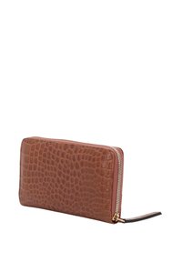 Brown zip-around wallet with a crocodile-textured finish, featuring gold-tone hardware and a leather zipper pull. Smooth, structured design.