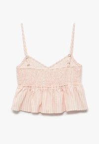 Smykket top i lyserød med hvide lodrette striber. Har tynde, justerbare stropper og en flagrende peplum-kant. Blødt, tekstureret stof.