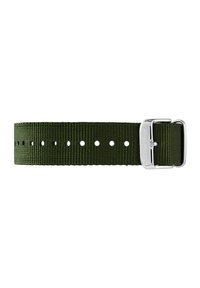 Green nylon watch strap with silver metal buckle, featuring a textured surface and multiple adjustment holes for sizing.