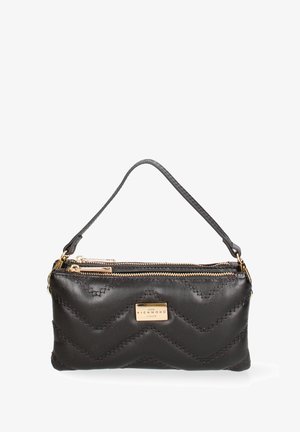 Zwarte leren handtas met een chevron-gequilt ontwerp, gouden hardware en een afneembare schouderriem. Beschikt over een ritsopening en een logo-plaatje.