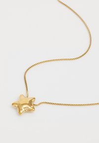 Gouden ketting met een stervormige hanger met een gladde, glanzende oppervlakte en gegraveerd logo. De ketting heeft een delicate, fijne schakelontwerp.