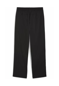 Schwarze, elastische Hose mit geradem Bein. Hergestellt aus weichem Stoff, mit minimaler Naht und ohne sichtbare Hardware.