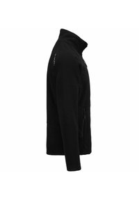Giacca in pile nera con colletto alto, tasche laterali con cerniera e vestibilità aderente. Presenta una texture liscia e un design elegante e minimalista.