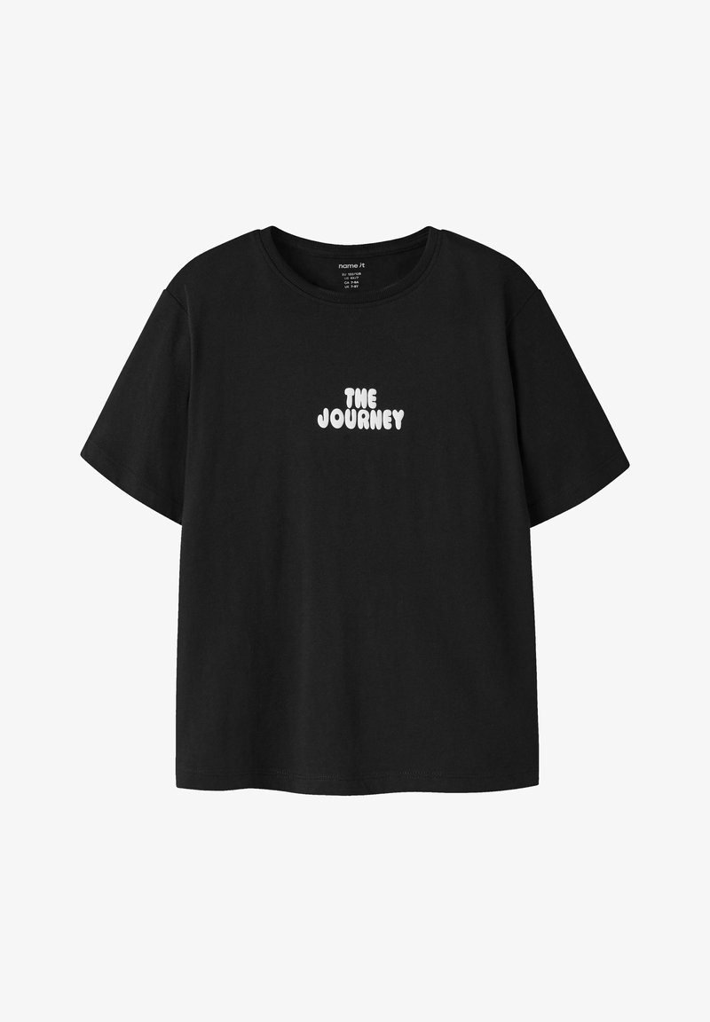 Black short-sleeve t-shirt with white text "THE JOURNEY" centered on the front.