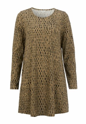 Ruskea pitkähihaista tunikamekko, jossa on pyöreä kaula-aukko ja epäsäännöllinen musta suorakulmainen kuvio koko pinnalla.