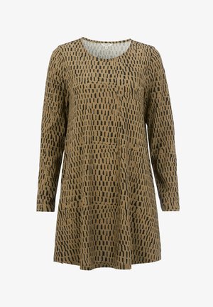 Bruine langjarige tuniekjurk met ronde hals en een onregelmatig zwart rechthoekig patroon over de hele jurk.