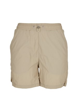 Shorts bej cu talie elastică, închidere cu șnur și buzunare laterale, din material ușor, cu croi lejer.