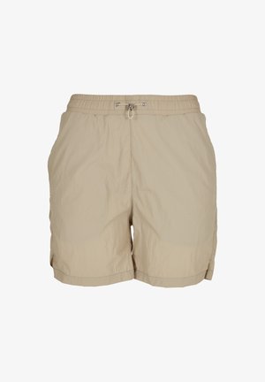 Beige elastic waist shorts with a drawstring closure and side pockets, lightweight fabric, relaxed fit.