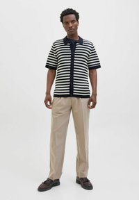 Īsām piedurknēm, tumši zils un balts svītrots adīts krekls ar pogu izvērsumu priekšā, apvienots ar gaiši brūnām krokotām biksēm un tumšiem apaviem.