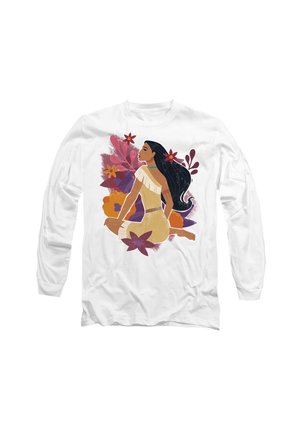 Long-sleeve white shirt featuring a colorful illustration of a woman with long dark hair, surrounded by flowers and leaves in vibrant colors.