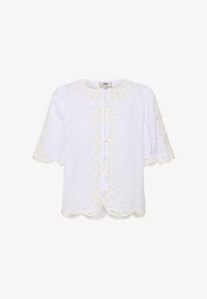 Weiße Bluse mit kurzen Ärmeln, rundem Ausschnitt, Knöpfen vorne und bestickten Blatt- und Blumen-Spitzen-Details an Ärmeln, Vorderseite und Saum.