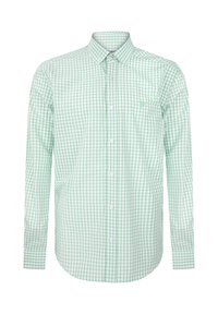 Camisa de manga larga a cuadros verdes y blancos, con cuello abotonado, un bolsillo en el pecho, hecha de un tejido tejido con una textura suave.