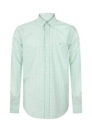 Grün-weiß kariertes Langarmhemd mit Button-Down-Kragen, einer einzelnen Brusttasche, hergestellt aus gewebtem Stoff mit glatter Textur.