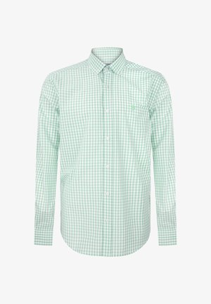 Camisa de manga larga a cuadros verdes y blancos, con cuello abotonado, un bolsillo en el pecho, hecha de un tejido tejido con una textura suave.
