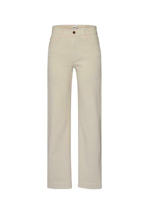 Cream-colored, straight-leg jeans with a button front, five pockets, and subtle stitching details. Made from a soft, durable fabric.