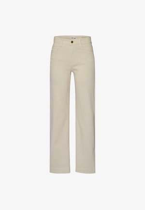 Cremfarbene, gerade geschnittene Jeans mit Knopfverschluss, fünf Taschen und dezenten Stickdetails. Hergestellt aus einem weichen, strapazierfähigen Stoff.