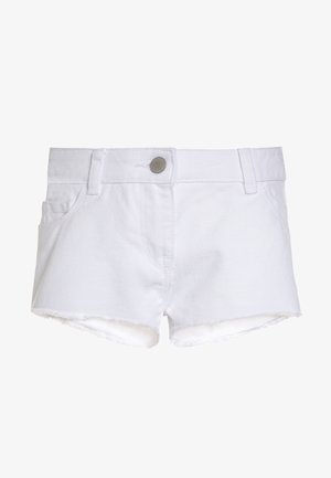 Hvide denimshorts med frynset kant, en frontknap, to sidelommer og en glat tekstur. Klassisk snit med en tætsiddende talje.
