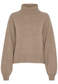Beige garbónyakú pulóver puha kötött anyagból. Lazán illeszkedő fazonnal, bordázott mandzsettákkal és aljjal rendelkezik. Simább textúrájú, minimális részletekkel.