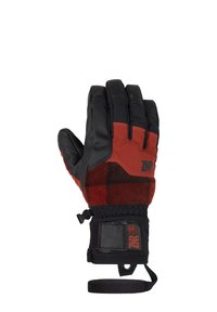 Rote und schwarze Handschuhe mit Lederhandfläche, Fleece-Oberfläche mit Karomuster und verstellbarem Handgelenkriemen mit Logo. Isoliert für Wärme.