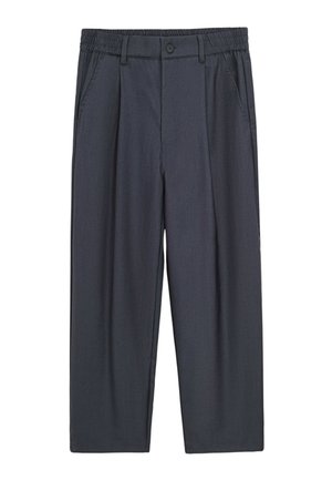 Pantalon décontracté gris foncé avec taille élastique, bouton et fermeture éclair à l’avant, passants pour ceinture et poches latérales.