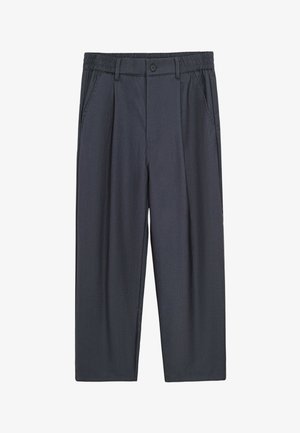 Pantalon décontracté gris foncé avec taille élastique, bouton et fermeture éclair à l’avant, passants pour ceinture et poches latérales.