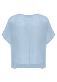 Hellesblaues, kurzärmliges Oberteil mit lockerer Passform und rundem Halsausschnitt; aus einem durchsichtigen, strukturierten Stoff gefertigt.