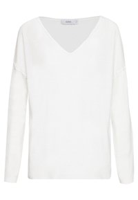 Weißer Langarmpullover mit V-Ausschnitt, lässiger Passform und weicher Textur. Verfügt über überschnittene Schultern und ein minimalistisches Design.