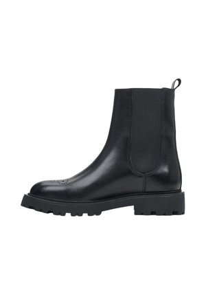 Black leather ankle boots with elastic side panels, rounded toe, and textured rubber sole featuring lug patterns for grip.